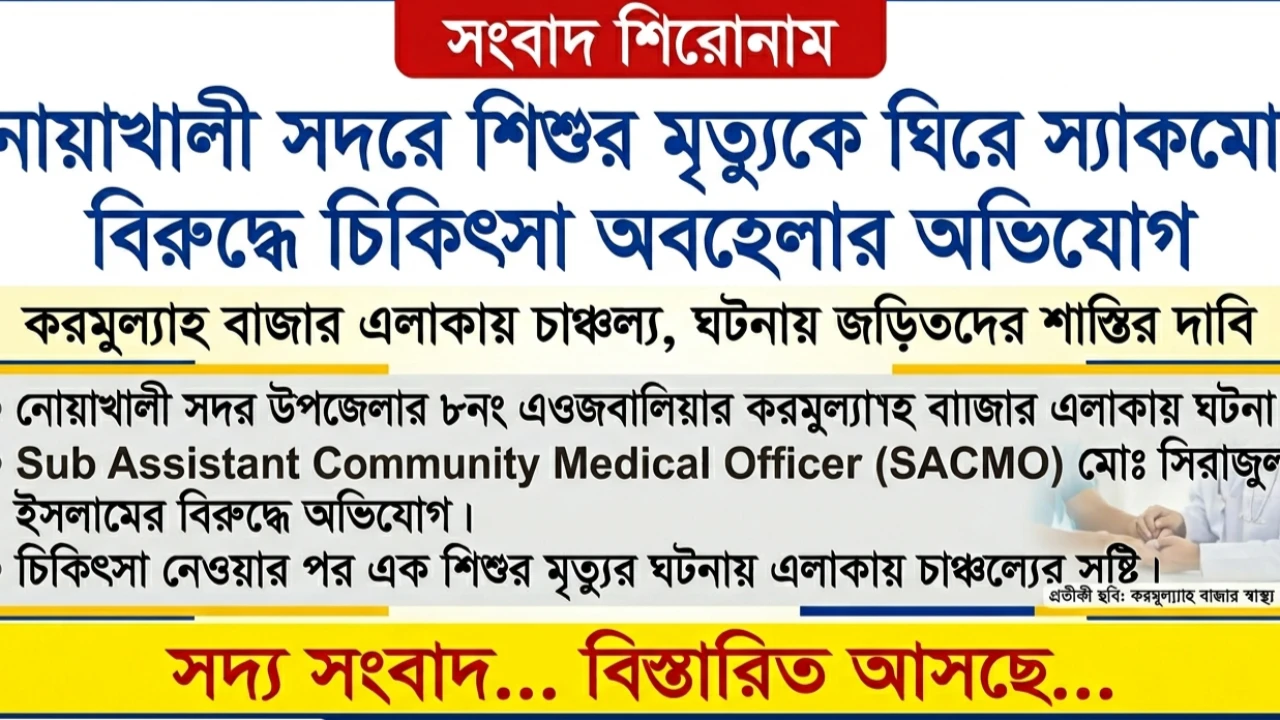 নোয়াখালী সদরে শিশুর মৃত্যুকে ঘিরে স্যাকমোর বিরুদ্ধে চিকিৎসা অবহেলার অভিযোগ